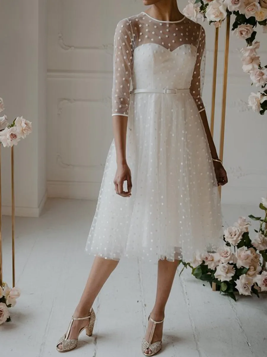 3 4 Sleeve Tea Length Wedding Dress Vintage A-line
