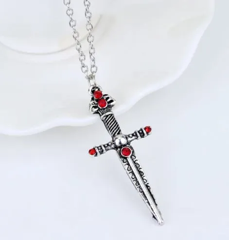  AZ204 Silver Red Rhinestone Sword Necklace with FREE Earrings