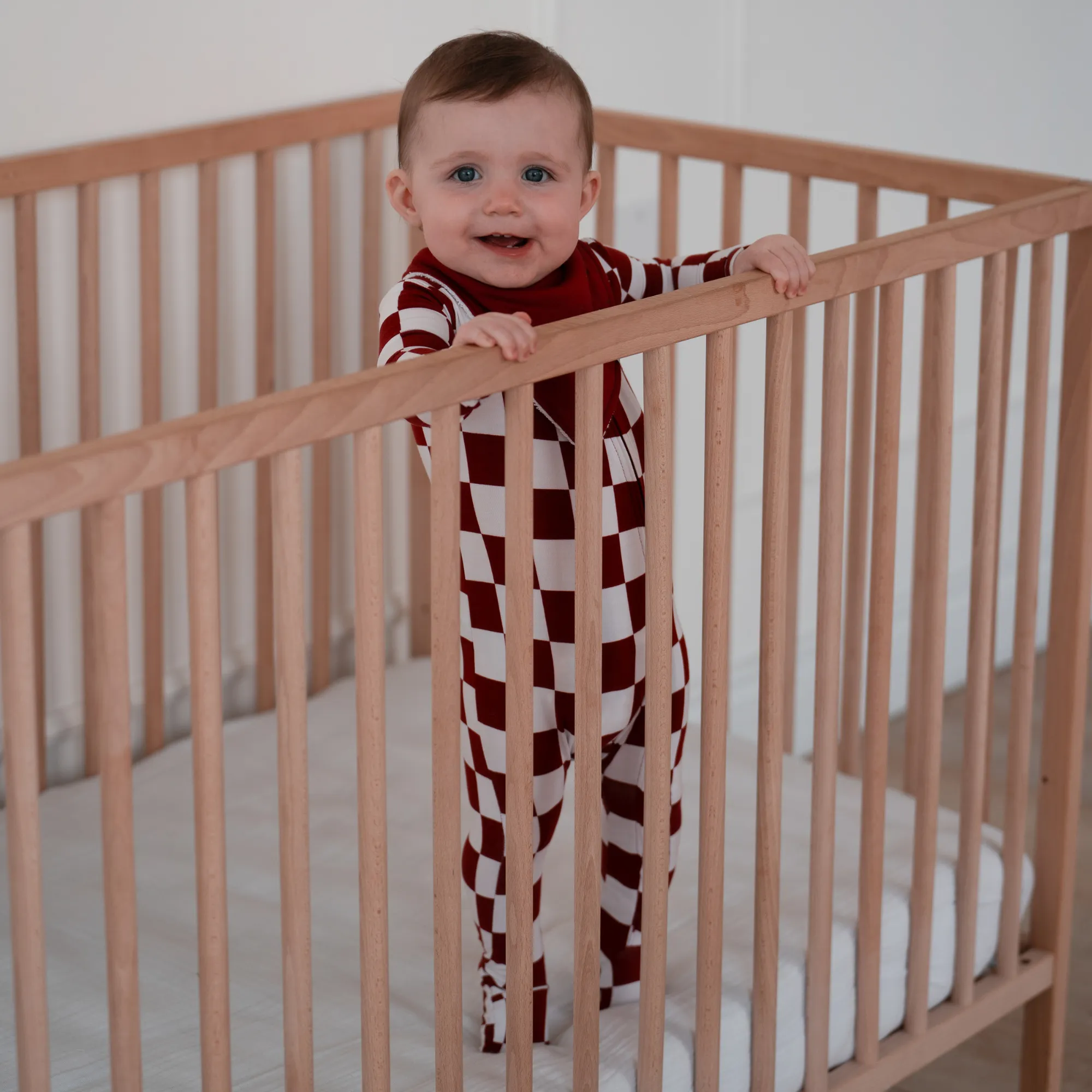 Bamboo Footed Sleeper - Cranberry Check: Newborn