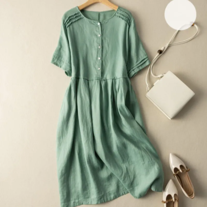 🔥Best Seller💘-Short Sleeve Cotton Linen Shirt Dress with Retro Style