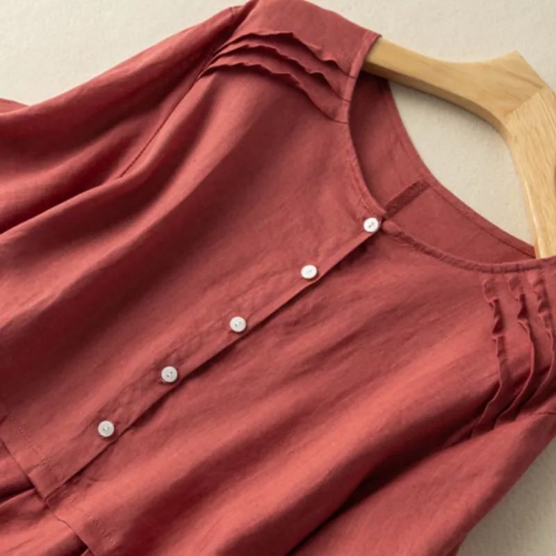 🔥Best Seller💘-Short Sleeve Cotton Linen Shirt Dress with Retro Style