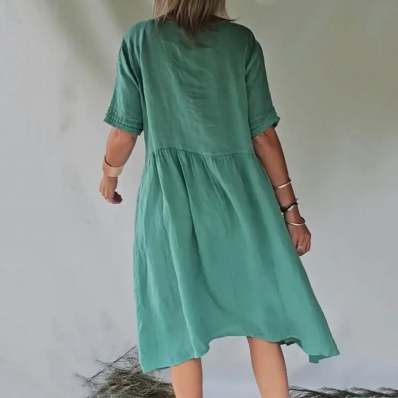 🔥Best Seller💘-Short Sleeve Cotton Linen Shirt Dress with Retro Style