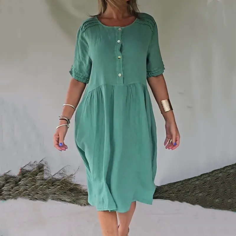 🔥Best Seller💘-Short Sleeve Cotton Linen Shirt Dress with Retro Style