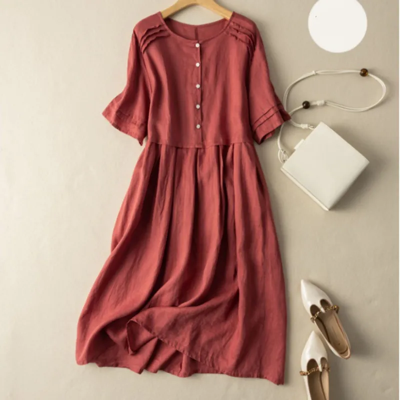 🔥Best Seller💘-Short Sleeve Cotton Linen Shirt Dress with Retro Style