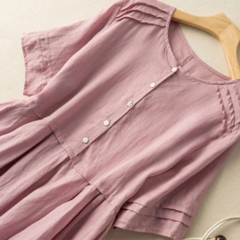 🔥Best Seller💘-Short Sleeve Cotton Linen Shirt Dress with Retro Style