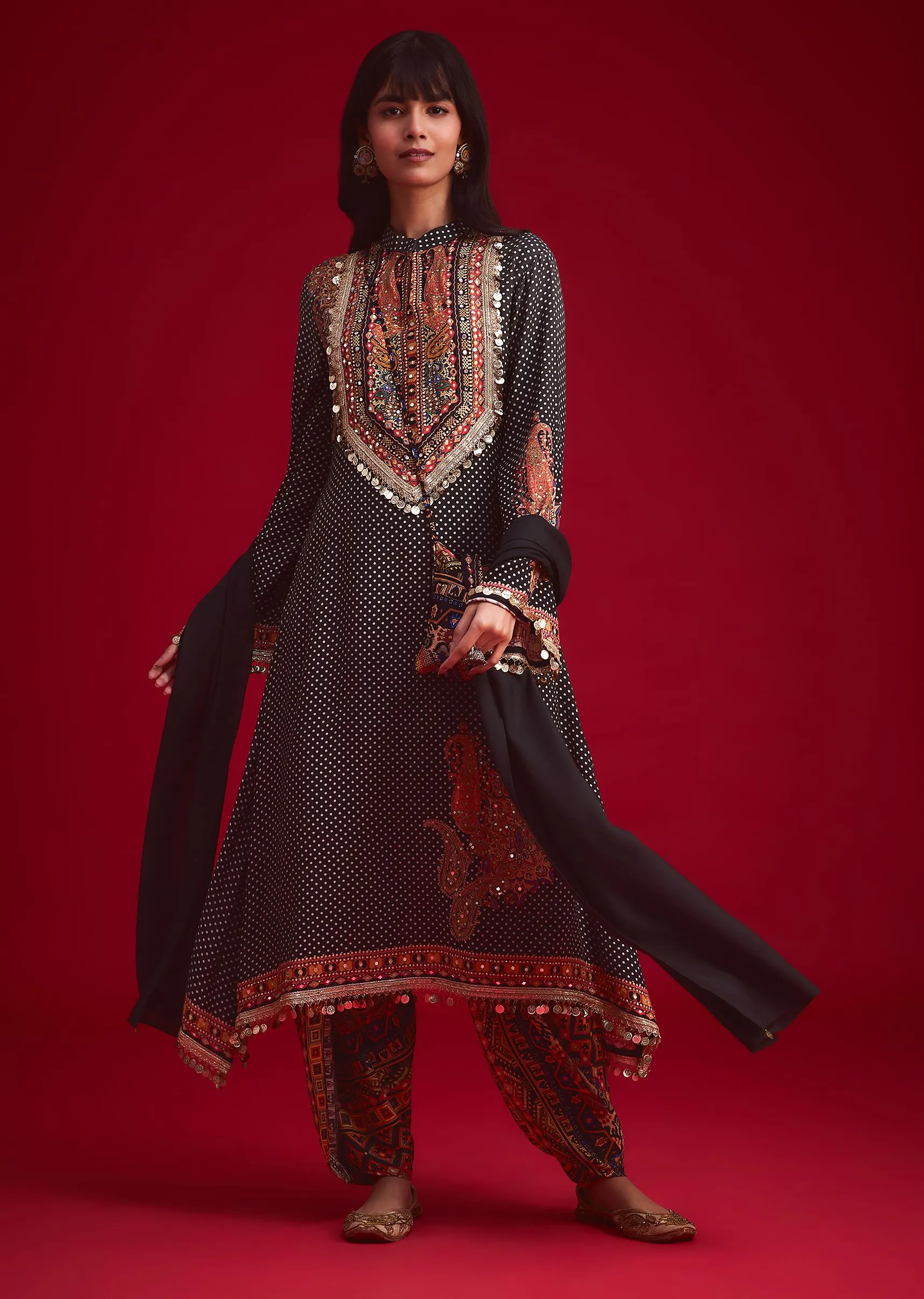 Black Polka Dot Printed Kurta Patiala Set With Pouch Bag