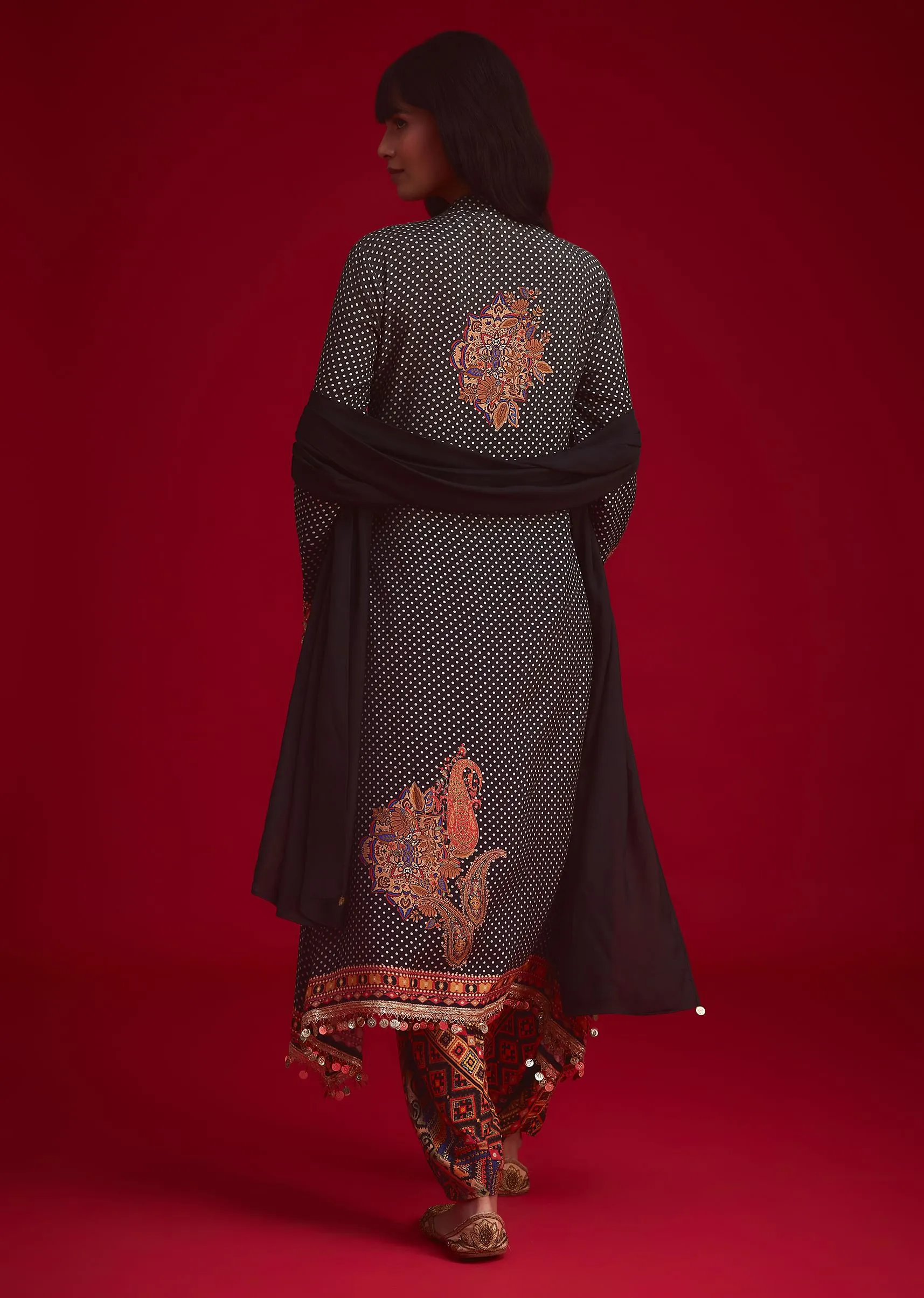 Black Polka Dot Printed Kurta Patiala Set With Pouch Bag