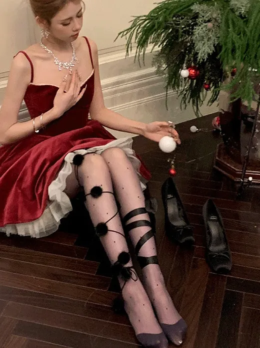 Black/White Polka-dot Pattern Tights With Pompons