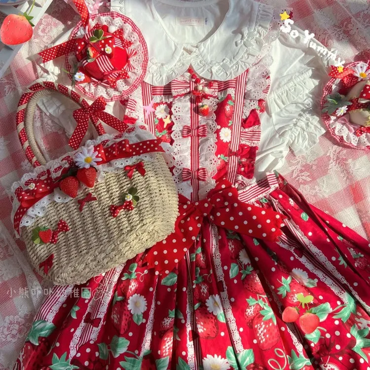 Crochet Bag Red Strawberry and Bowknot Decorative Tote Bag