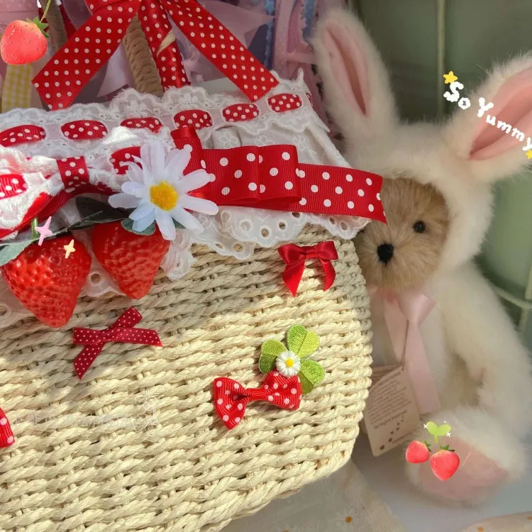 Crochet Bag Red Strawberry and Bowknot Decorative Tote Bag