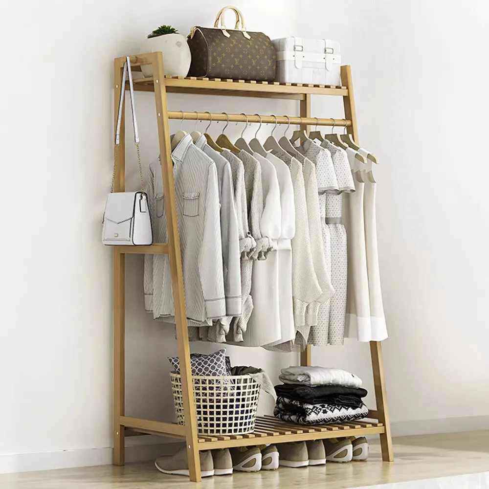 Eco 100% Bamboo Wood |  Clothes Rail |  Clothes Rack |  2 Shelves & Side Hooks  | Natural | 1.4m High