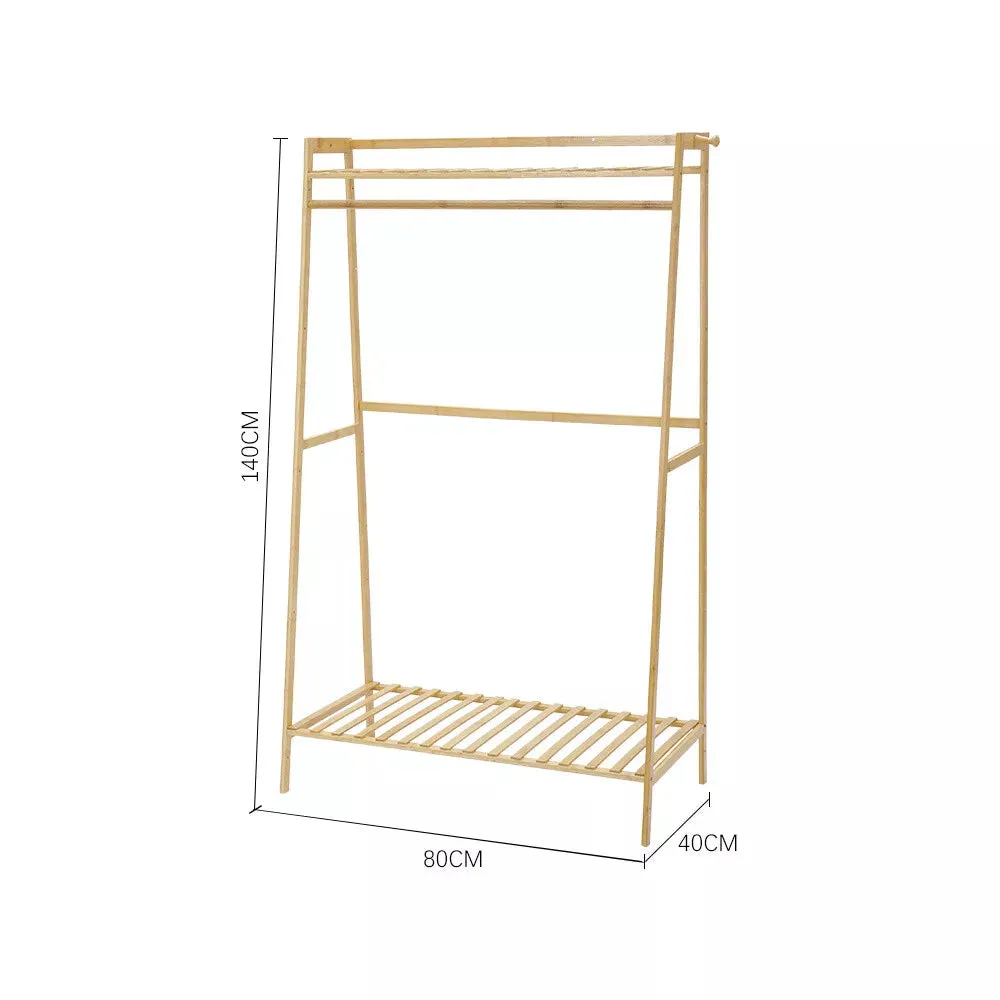 Eco 100% Bamboo Wood |  Clothes Rail |  Clothes Rack |  2 Shelves & Side Hooks  | Natural | 1.4m High