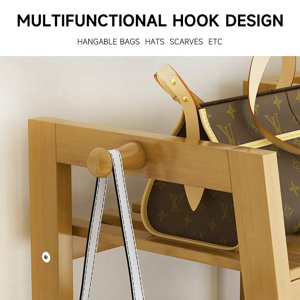 Eco 100% Bamboo Wood |  Clothes Rail |  Clothes Rack |  2 Shelves & Side Hooks  | Natural | 1.4m High