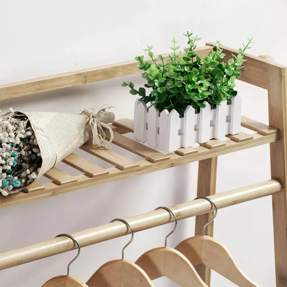 Eco 100% Bamboo Wood |  Clothes Rail |  Clothes Rack |  2 Shelves & Side Hooks  | Natural | 1.4m High