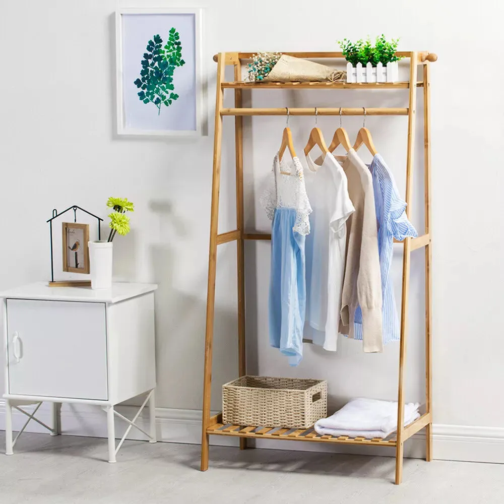 Eco 100% Bamboo Wood |  Clothes Rail |  Clothes Rack |  2 Shelves & Side Hooks  | Natural | 1.4m High