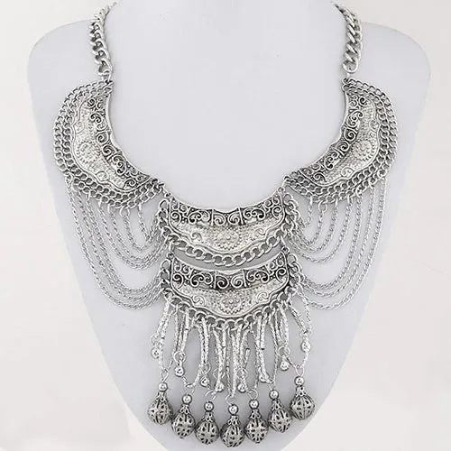 *N1175 Silver Bib Style Multi Chain Tassel Necklace with FREE Earrings