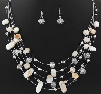 *N1738 Beige Bead Gemstones Multi Layer Necklace with FREE Earrings