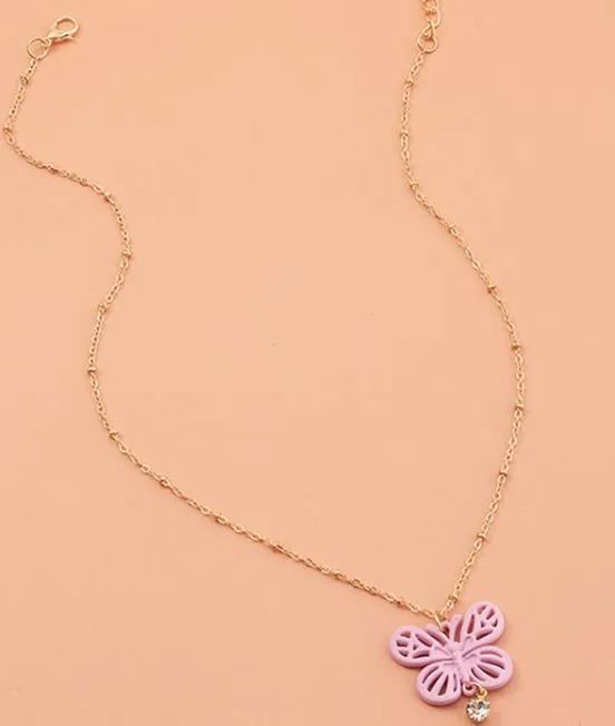 *N362 Gold Pink Butterfly with Gem Necklace with FREE Earrings