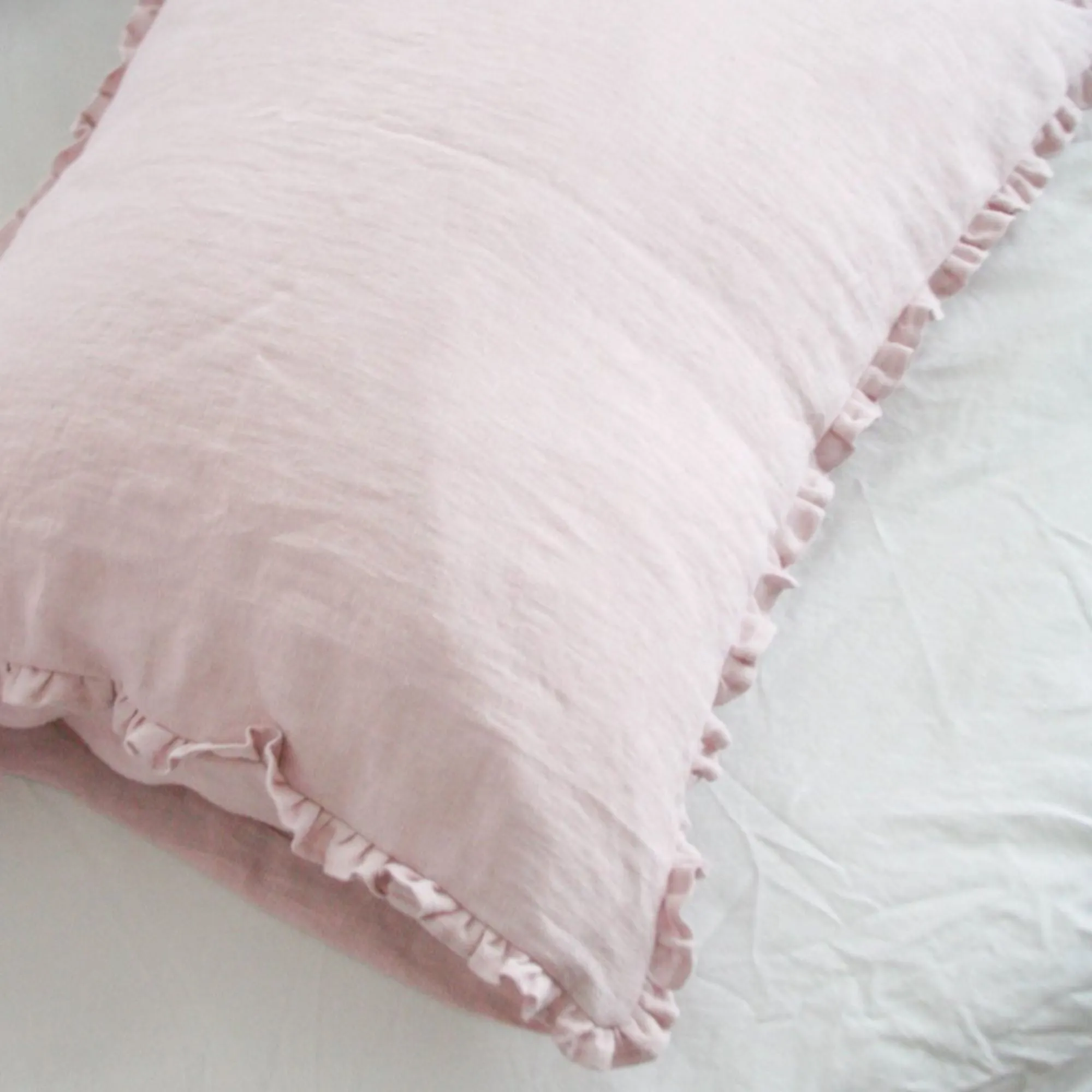Pastel Pink Linen Pillow Cover with Small Ruffles
