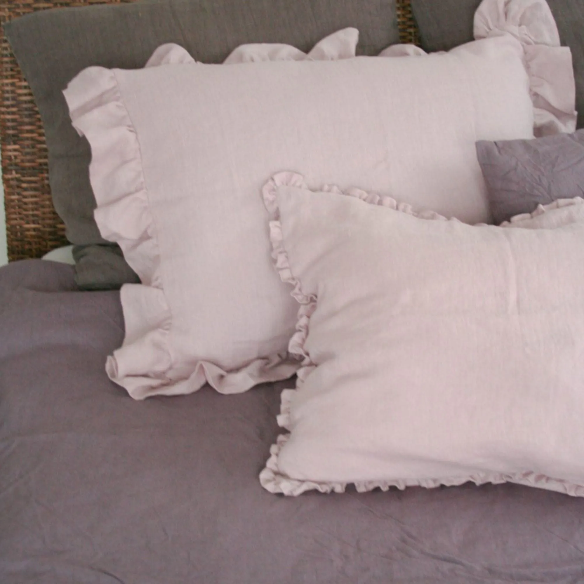 Pastel Pink Linen Pillow Cover with Small Ruffles