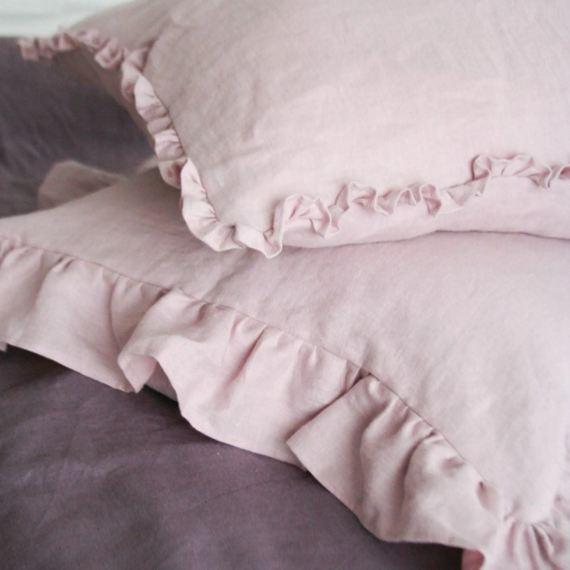 Pastel Pink Linen Pillow Cover with Small Ruffles