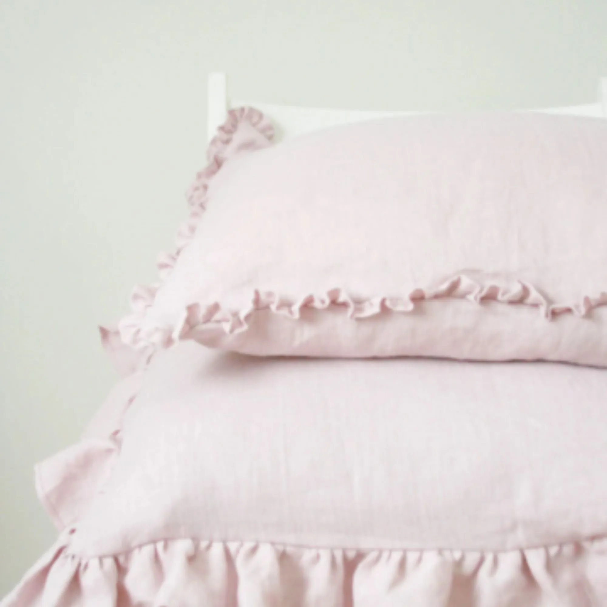 Pastel Pink Linen Pillow Cover with Small Ruffles