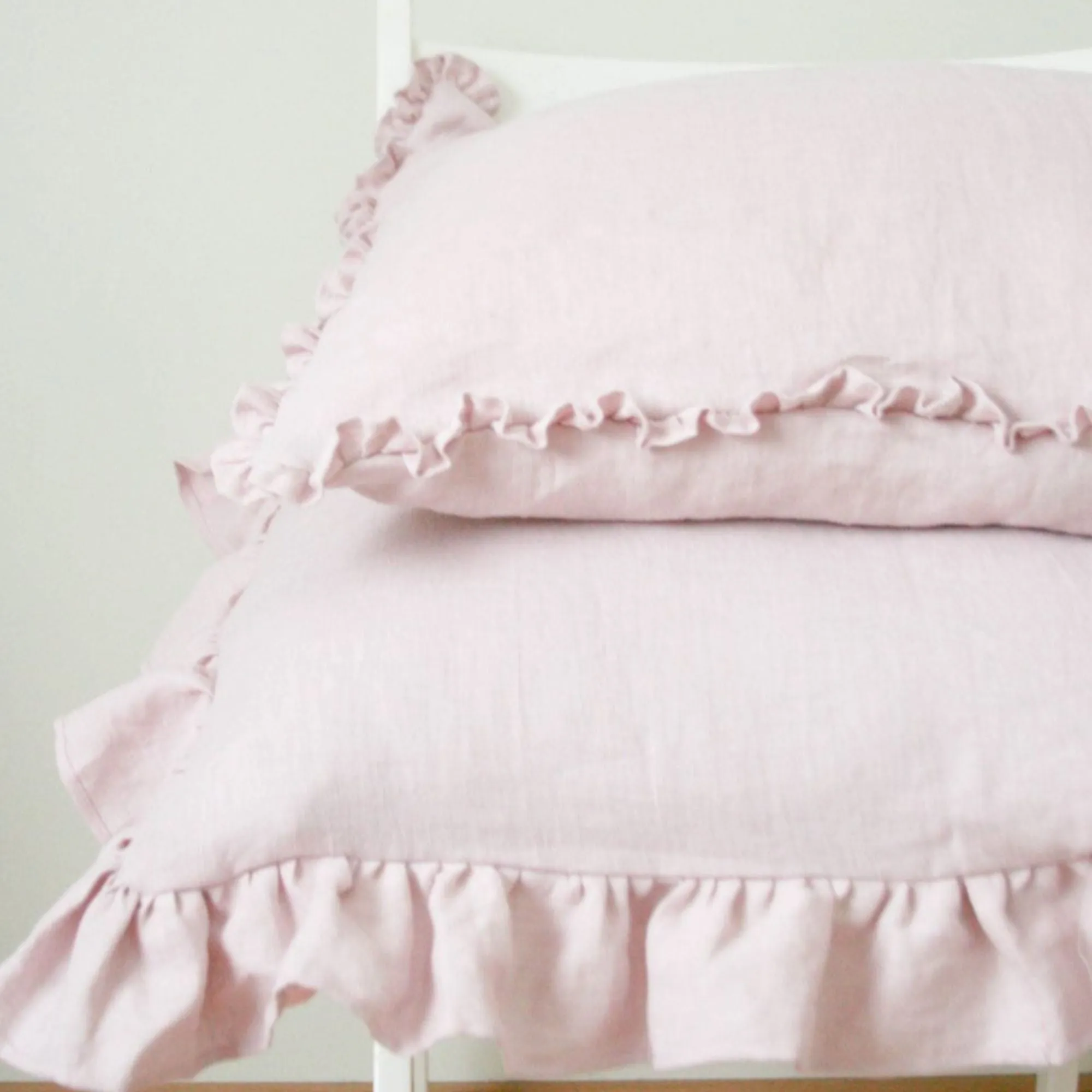 Pastel Pink Linen Pillow Cover with Small Ruffles