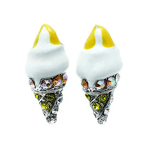 Sweet Cut Ice Cream Cone Crystal Rhinestone Enamel Stud Earrings Silver White